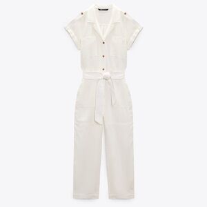 Zara NWT Short Sleeve Linen Blend White Jumpsuit